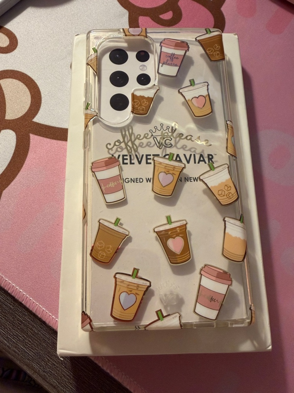 Velvet Caviar Clear Case with Pink & Brown Coffee Cup Design